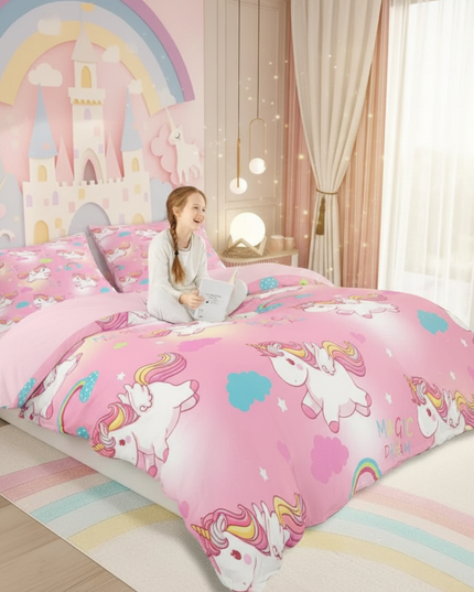 pink magic dream unicorn bedding - in-use