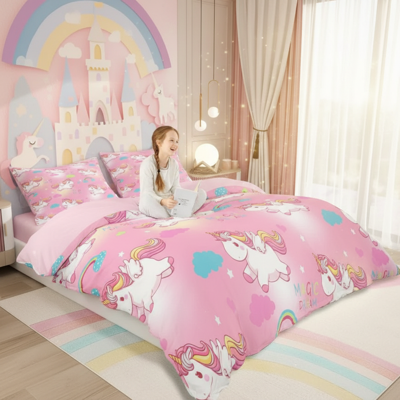 pink magic dream unicorn bedding - in-use