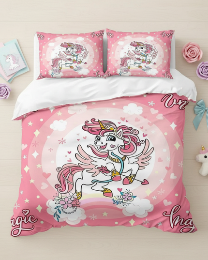 pink magic flower unicorn bedding - flat-lay