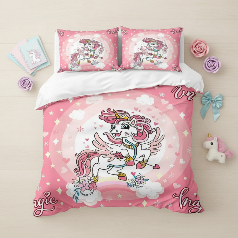 pink magic flower unicorn bedding - flat-lay