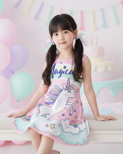 pink magical unicorn dress - sitting