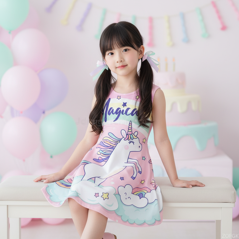 pink magical unicorn dress - sitting