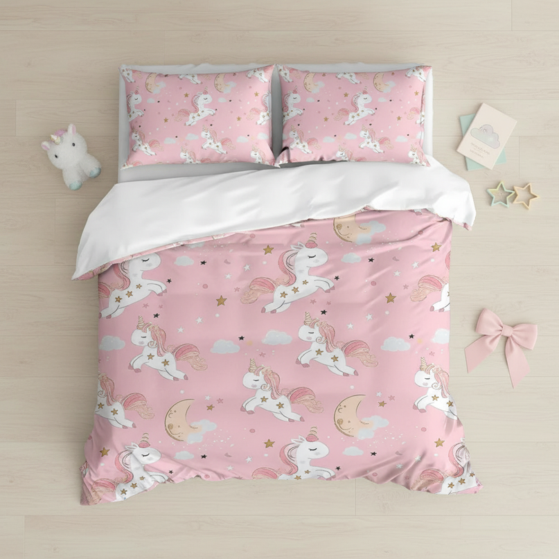 pink moon unicorn bedding - flat-lay
