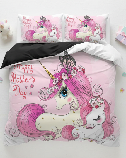 pink mother baby unicorn bedding - flat-lay