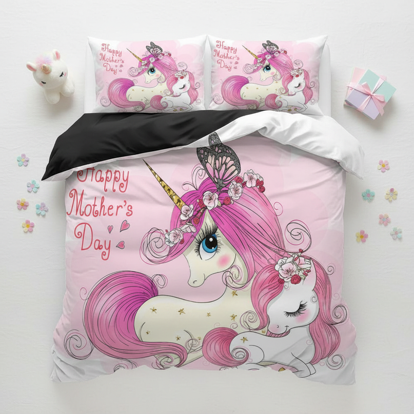 pink mother baby unicorn bedding - flat-lay
