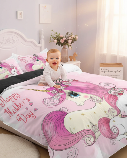 pink mother baby unicorn bedding - in-use