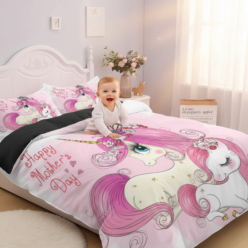 pink mother baby unicorn bedding - in-use