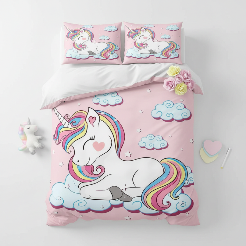 pink naptime unicorn bedding - flat-lay