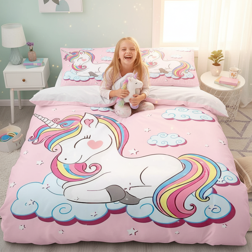 pink naptime unicorn bedding - in-use