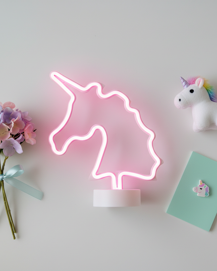 pink neon unicorn night light - flat-lay