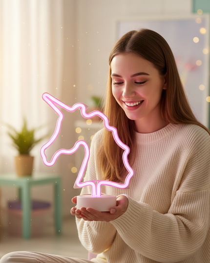 pink neon unicorn night light - in-use