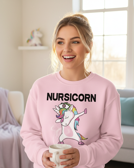 pink nursicorn sweater - in-use