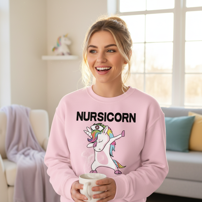 pink nursicorn sweater - in-use