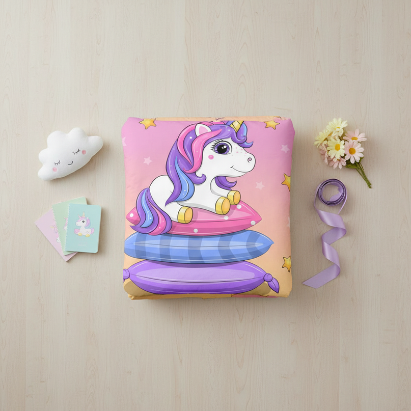 pink pillow stack unicorn bedding - flat-lay