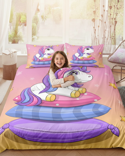 pink pillow stack unicorn bedding - in-use