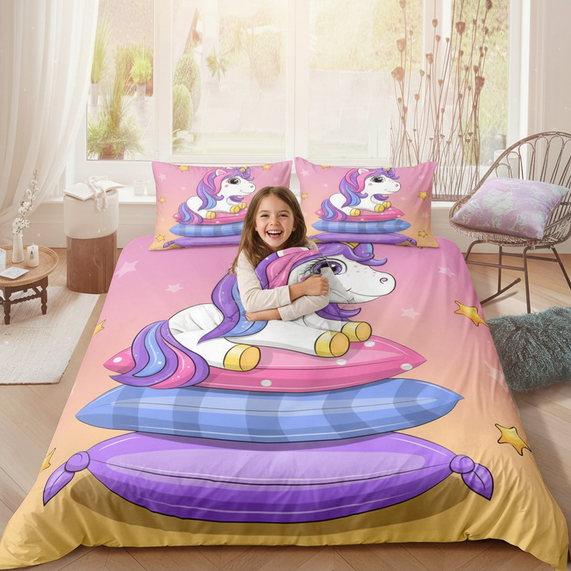 pink pillow stack unicorn bedding - in-use