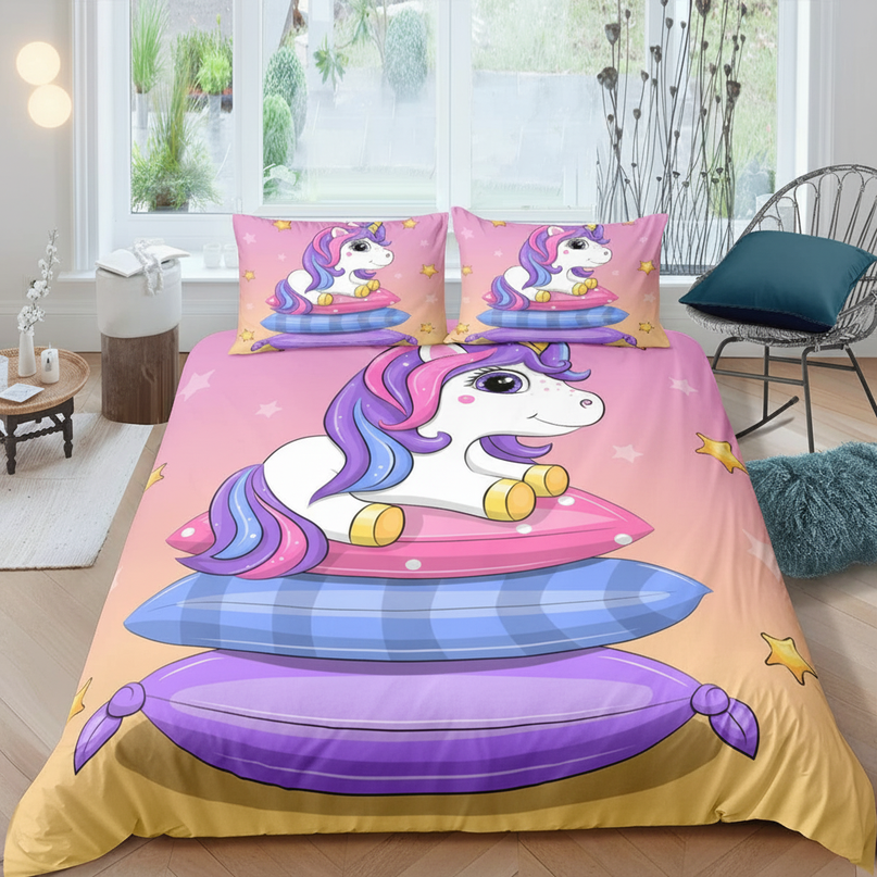 pink pillow stack unicorn bedding - lifestyle