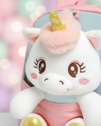 pink plush unicorn toddler backpack - detail