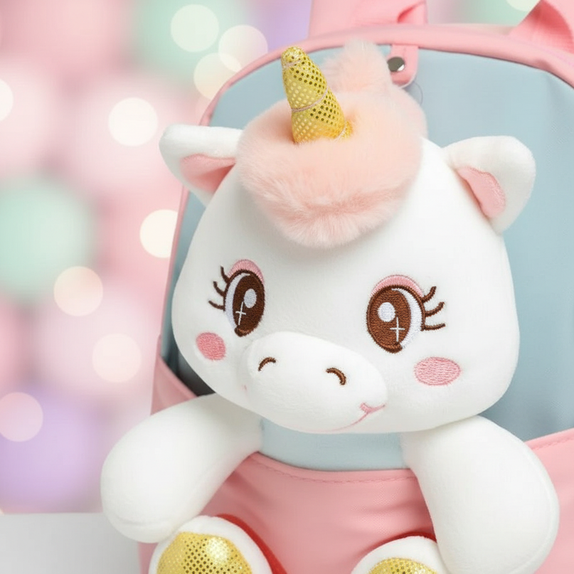 pink plush unicorn toddler backpack - detail