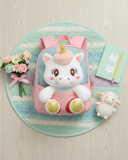 pink plush unicorn toddler backpack - flat-lay