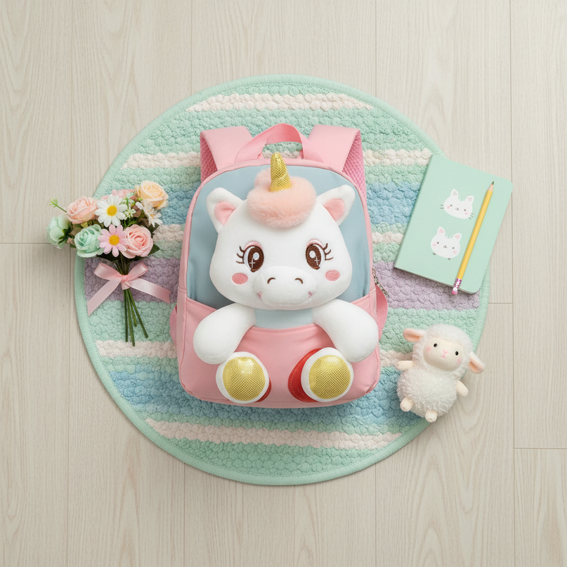 pink plush unicorn toddler backpack - flat-lay
