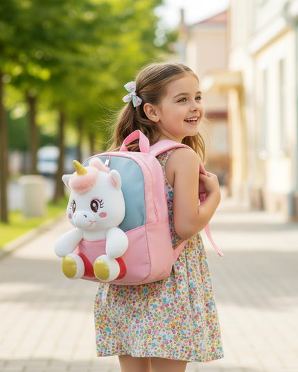 pink plush unicorn toddler backpack - in-use