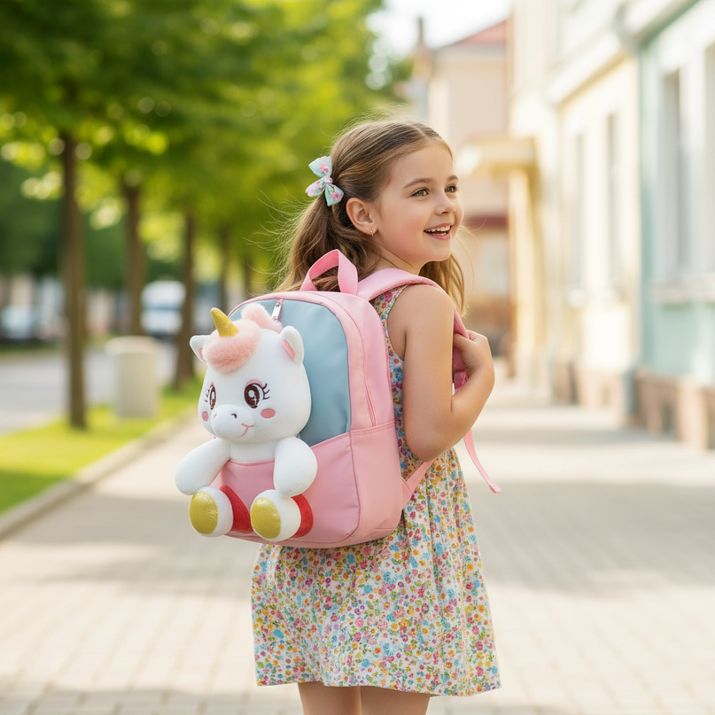 pink plush unicorn toddler backpack - in-use
