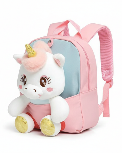 pink plush unicorn toddler backpack - white-bg
