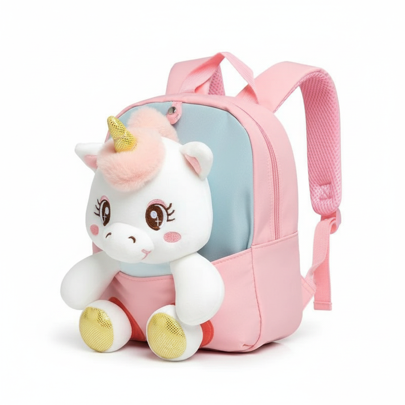 pink plush unicorn toddler backpack - white-bg