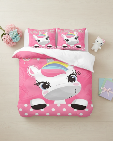 pink polka dot unicorn bedding - flat-lay