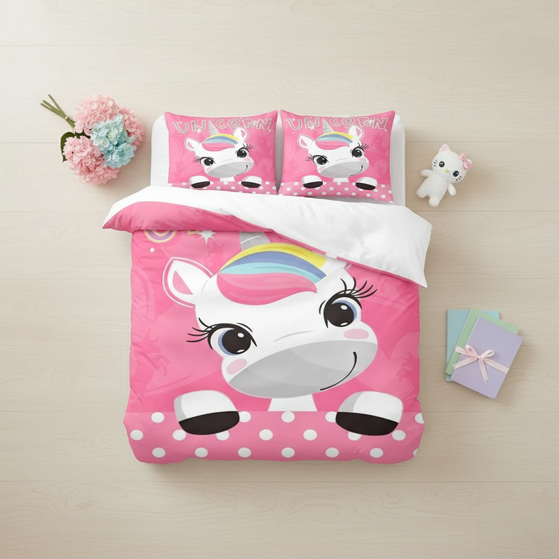 pink polka dot unicorn bedding - flat-lay