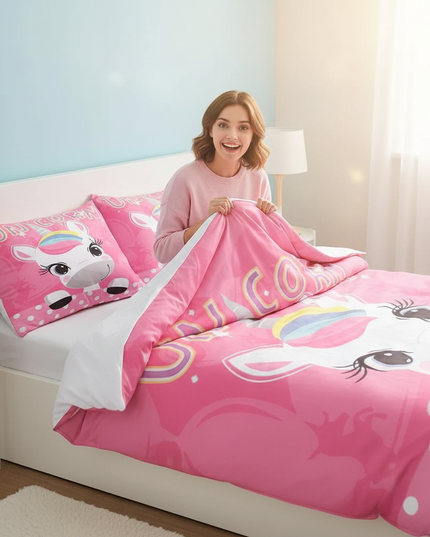 pink polka dot unicorn bedding - in-use