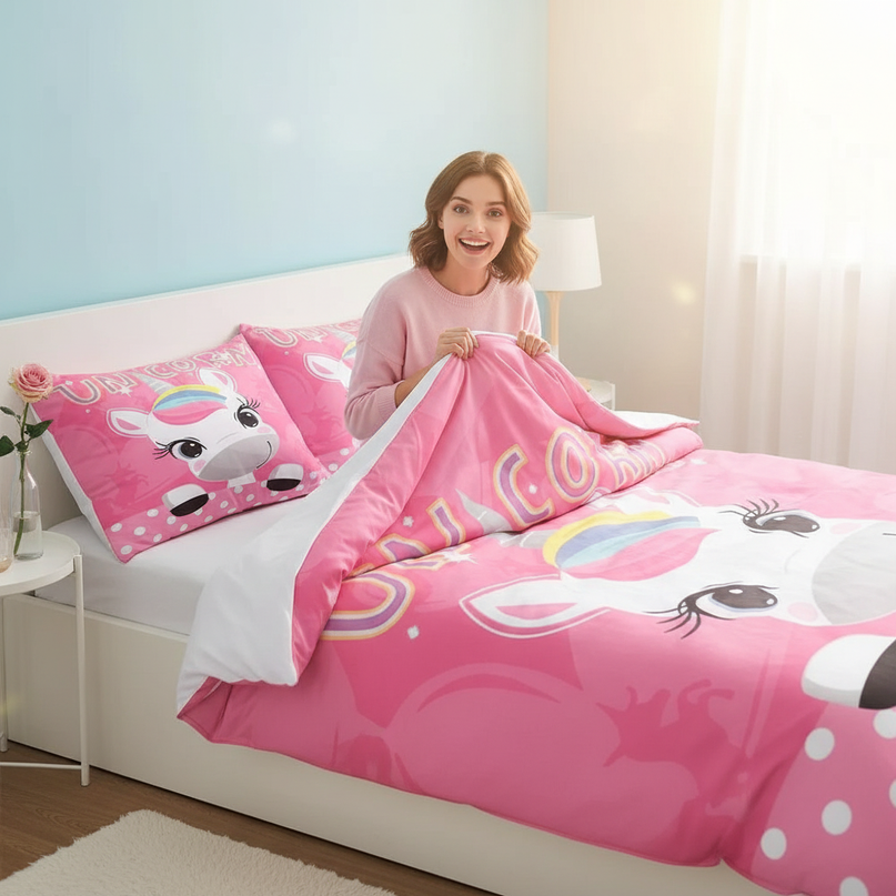 pink polka dot unicorn bedding - in-use