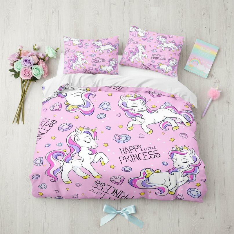 pink princess diamond unicorn bedding - flat-lay