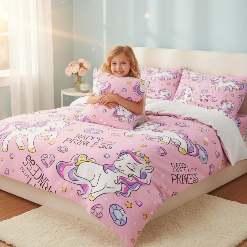 pink princess diamond unicorn bedding - in-use
