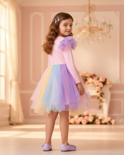 pink rainbow flare sleeve unicorn dress - back