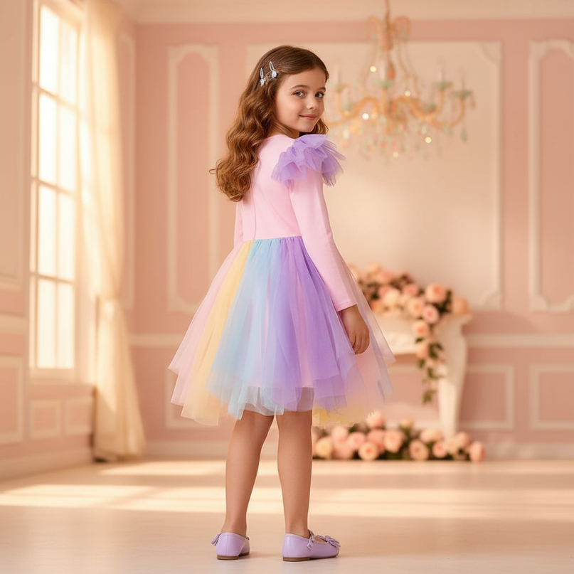 pink rainbow flare sleeve unicorn dress - back