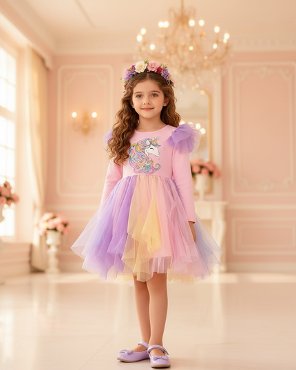 pink rainbow flare sleeve unicorn dress - detail