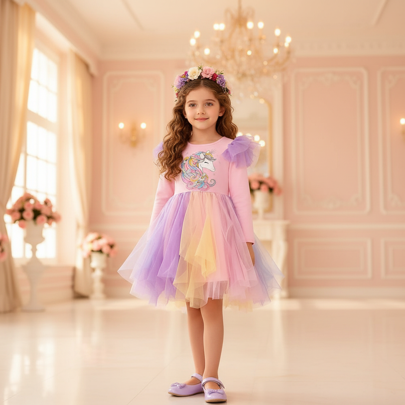 pink rainbow flare sleeve unicorn dress - detail