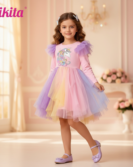 pink rainbow flare sleeve unicorn dress - front