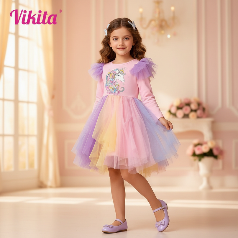 pink rainbow flare sleeve unicorn dress - front