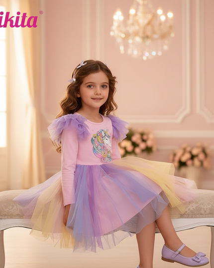 pink rainbow flare sleeve unicorn dress - sitting