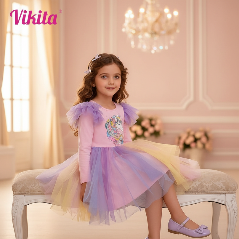 pink rainbow flare sleeve unicorn dress - sitting