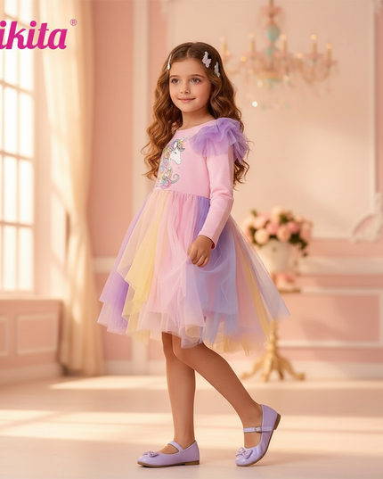 pink rainbow flare sleeve unicorn dress - three-quarter