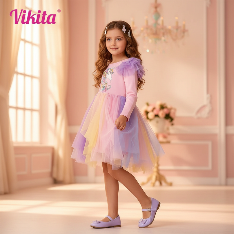 pink rainbow flare sleeve unicorn dress - three-quarter