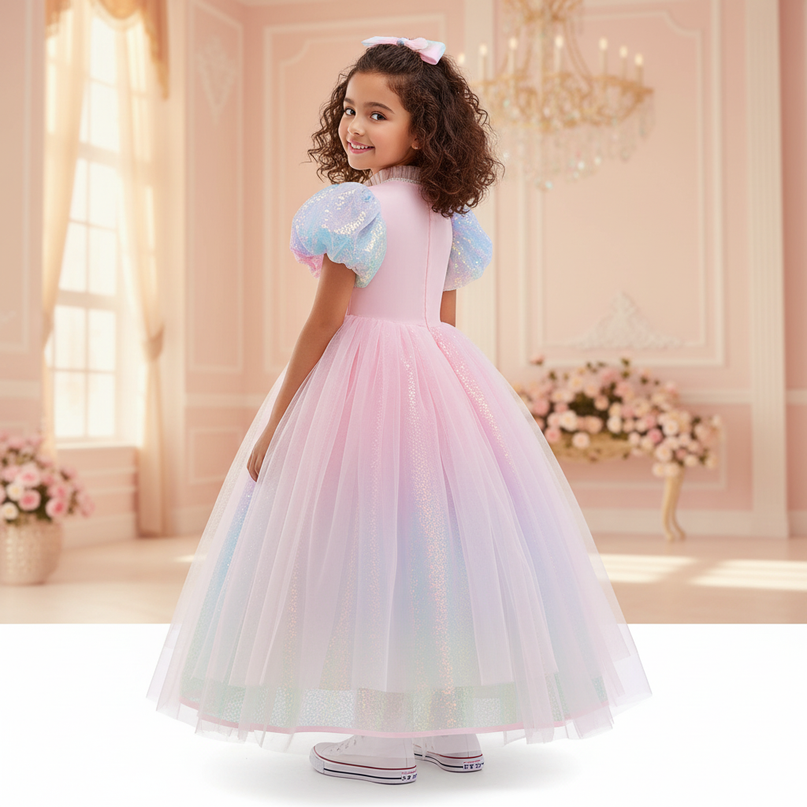pink rainbow unicorn ball gown dress - back