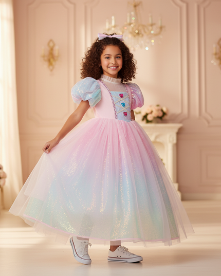 pink rainbow unicorn ball gown dress - front