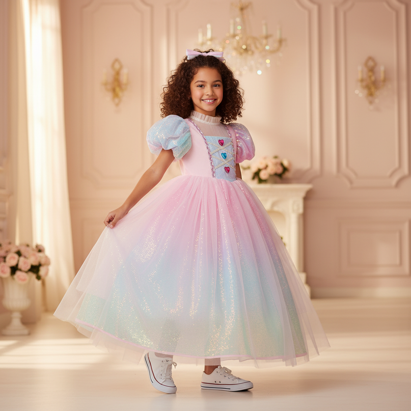 pink rainbow unicorn ball gown dress - front