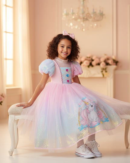pink rainbow unicorn ball gown dress - sitting