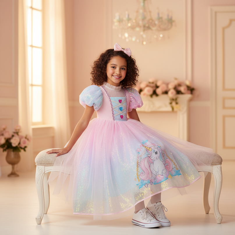 pink rainbow unicorn ball gown dress - sitting